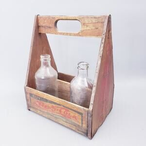 Vintage 1940s Wooden Pepsi Cola Double Dot Six Soda Bottle Carrier & 70s Bottles